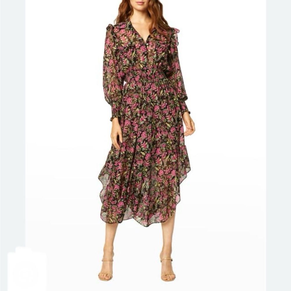 Misa Los Angeles Katja Floral Chiffon Ruffle Flounce Midi Dress